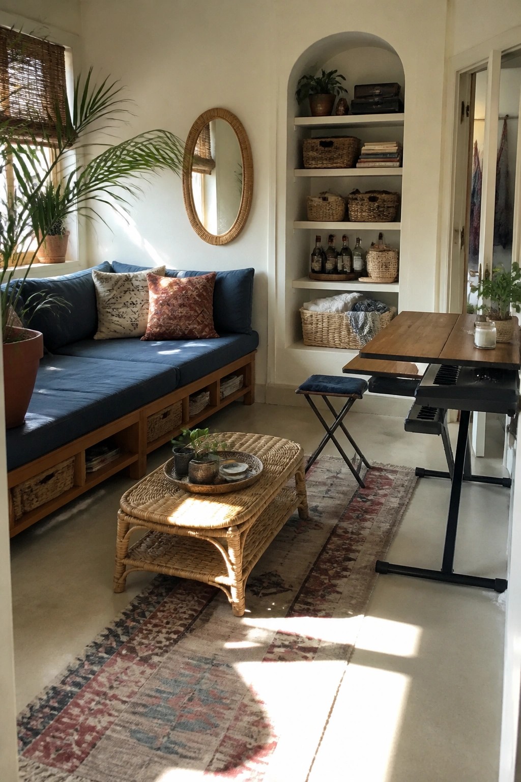 A small living room with a blue daybed against the wall, a wicker coffee table on a patterned rug, built-in arched shelves, and a keyboard on a stand.