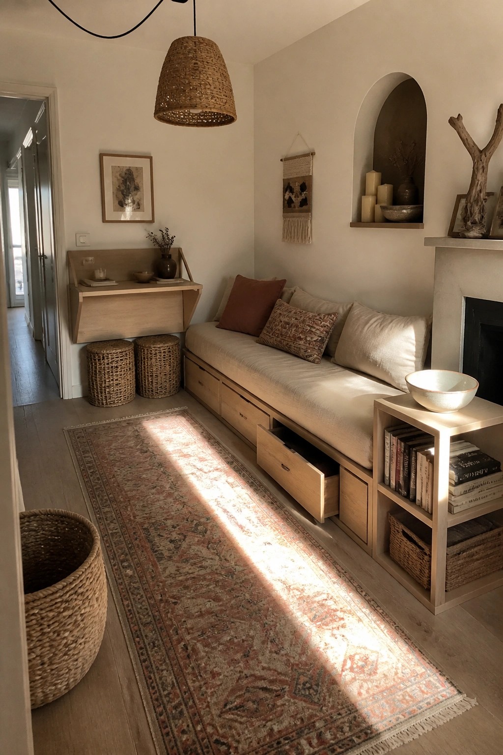 A small living room with a wooden daybed featuring pull-out storage drawers, neutral cushions, a woven pendant light, and a long patterned rug on light flooring.
