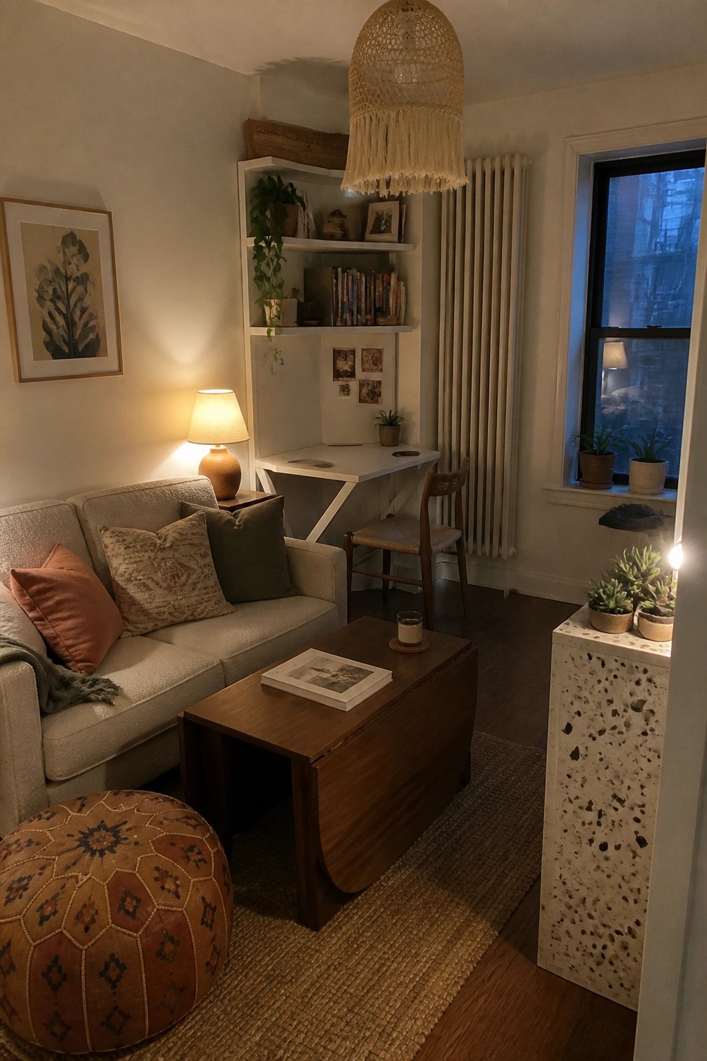A compact living room with a beige sofa, wooden drop-leaf coffee table on a jute rug, patterned leather pouf, and white built-in desk and shelves beside a window.