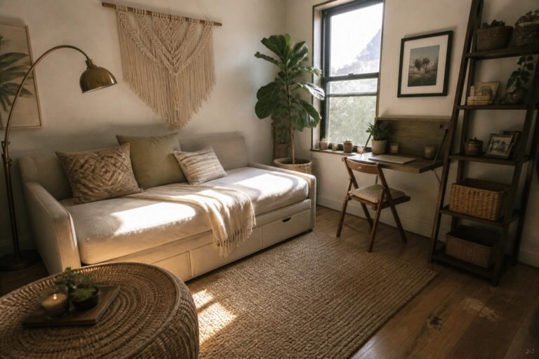 21 Smart Small Boho Chic Living Room Ideas Featuring Multifunctional Furniture A small boho living room featuring a white daybed with wooden storage drawers beneath, a macrame wall hanging above, a wooden desk with chair, and woven natural textures on the floor and furniture.