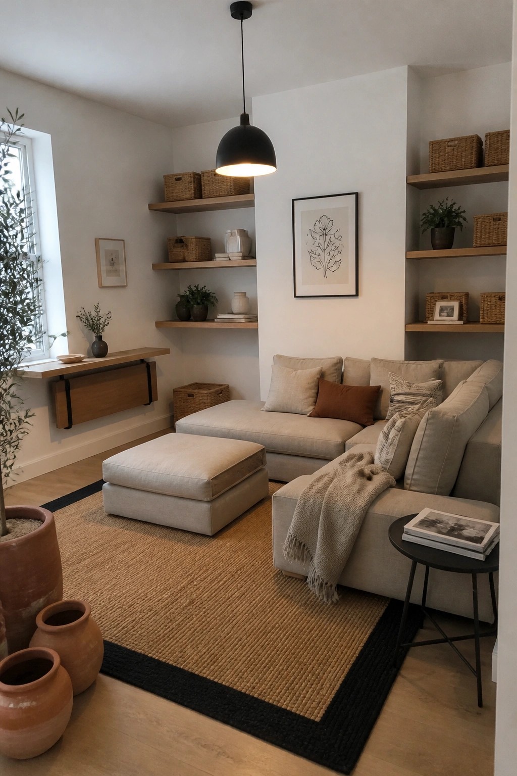 A small living room with a beige sectional sofa and ottoman on a jute rug, surrounded by light wood floating shelves holding woven baskets and plants.