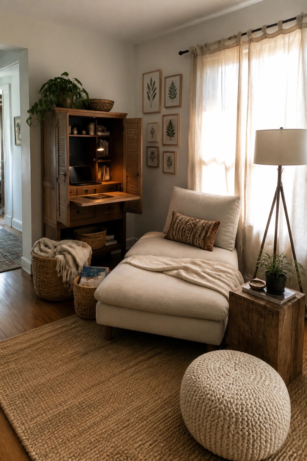 Cozy beige chaise lounge in sunlit room with wooden cabinet and woven accents.