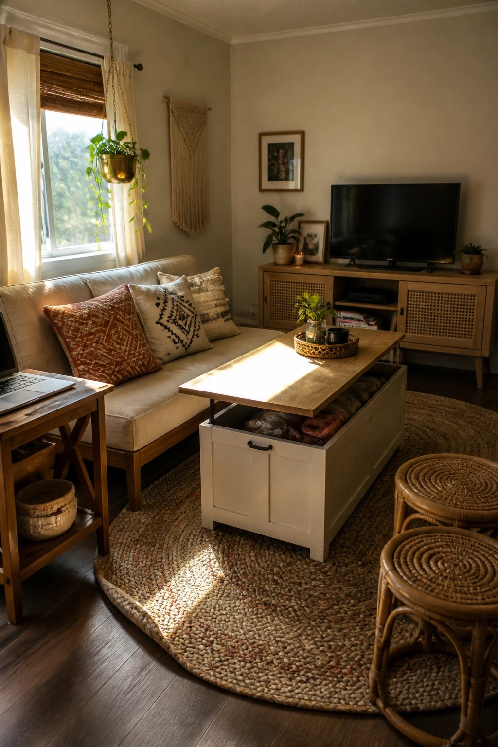 Sunlit bohemian living room with sofa, lift-top table, jute rug, and rattan stools.