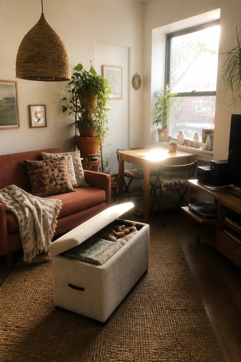 A small living room with a rust-colored sofa, an open beige storage ottoman on a jute rug, a wooden dining table, and large houseplants near a bright window.