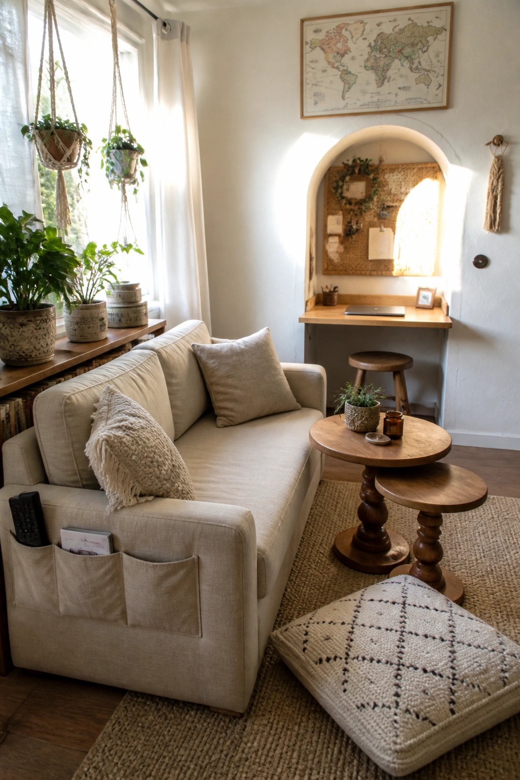 Beige sofa with macrame pillows in sunlit bohemian nook with hanging plants and world map