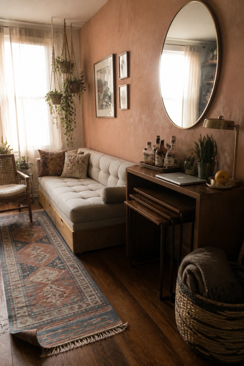Sunlit bohemian room with tufted sofa, round mirror, hanging plants, and wooden console.