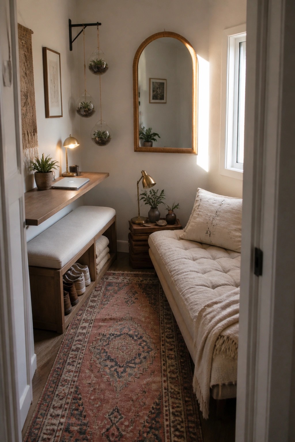 A narrow interior room with a wooden storage bench under a floating desk, a tufted daybed along one wall, an arched mirror, and hanging glass planters.
