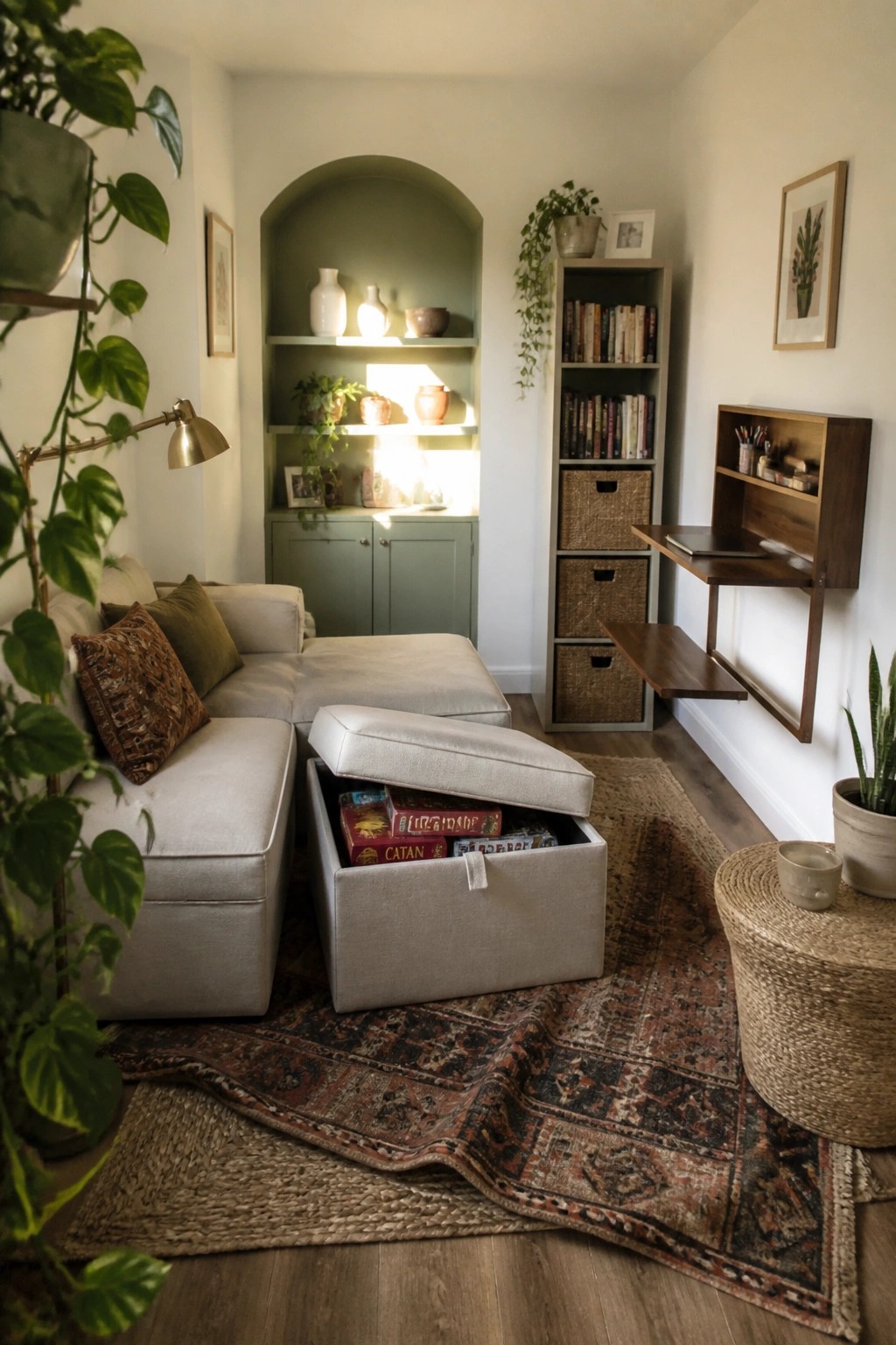 A small living room with a light gray sectional sofa, an open storage ottoman holding board games, a patterned rug on wood flooring, and built-in shelves with books and plants.