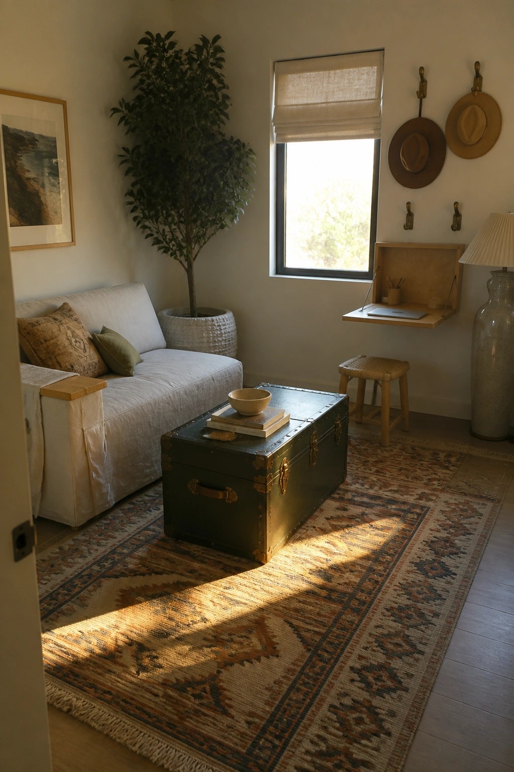 Sunlit room with white sofa, green trunk table, potted plant, and patterned rug.