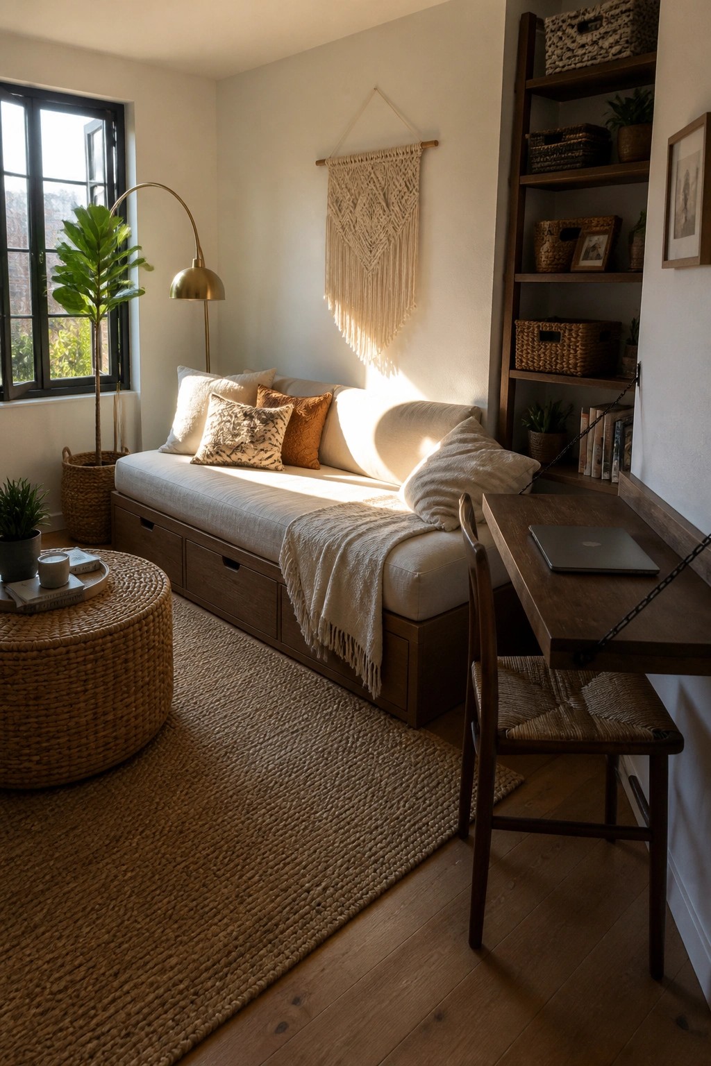 A small boho living room featuring a white daybed with wooden storage drawers beneath, a macrame wall hanging above, a wooden desk with chair, and woven natural textures on the floor and furniture.