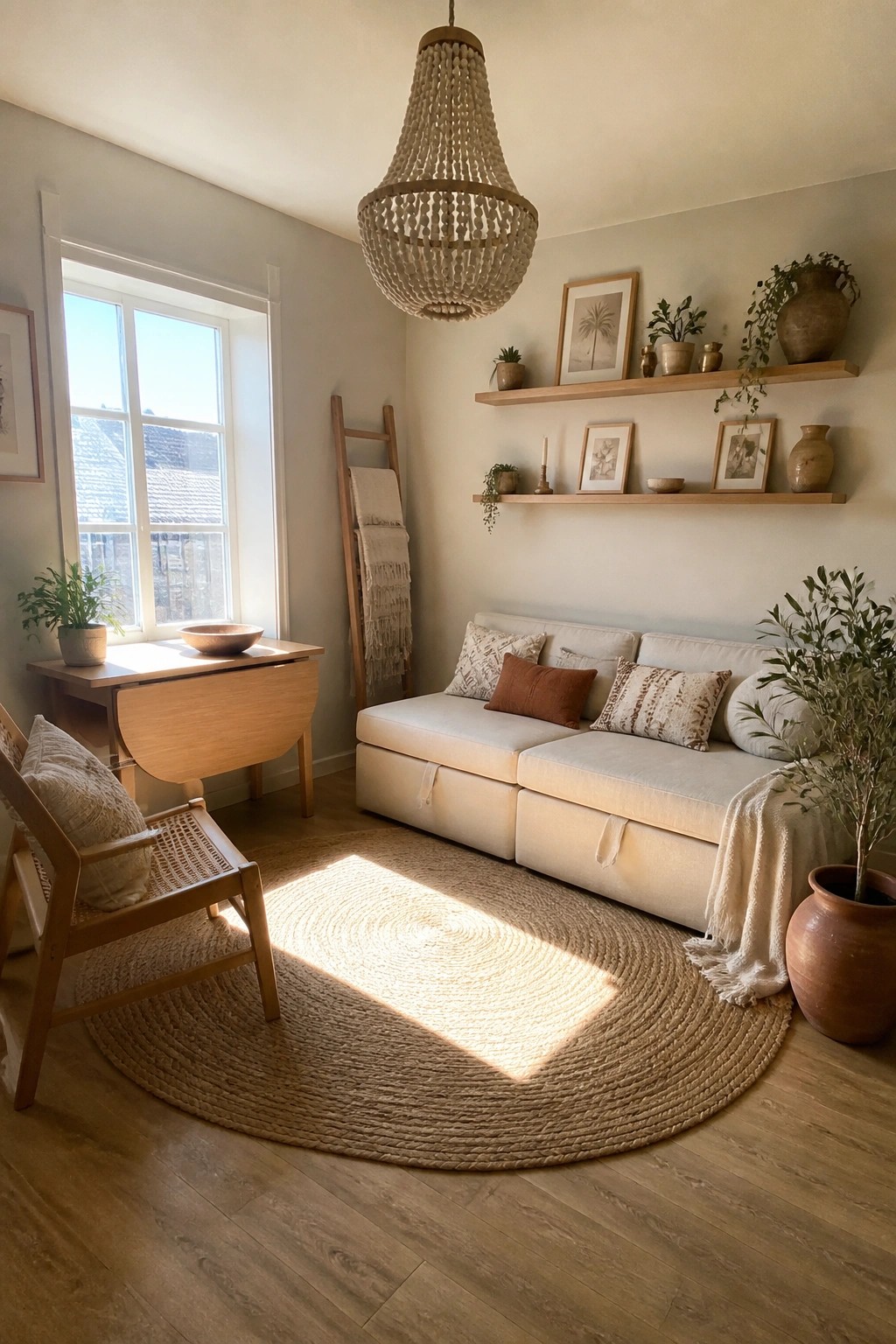 A small living room with a light wood drop leaf table, off-white sofa, wooden armchair, round jute rug, and floating shelves on a light wall.