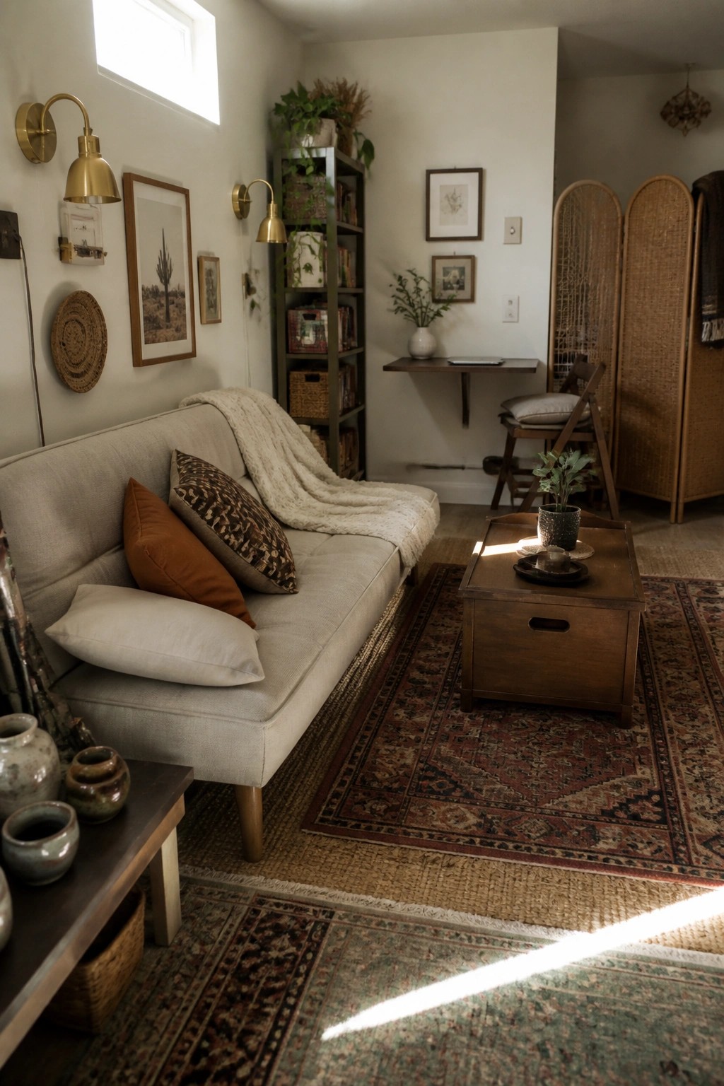 A compact living room with a light sofa, wooden storage trunk used as a coffee table, layered rugs, and a small fold-down desk area in the background.