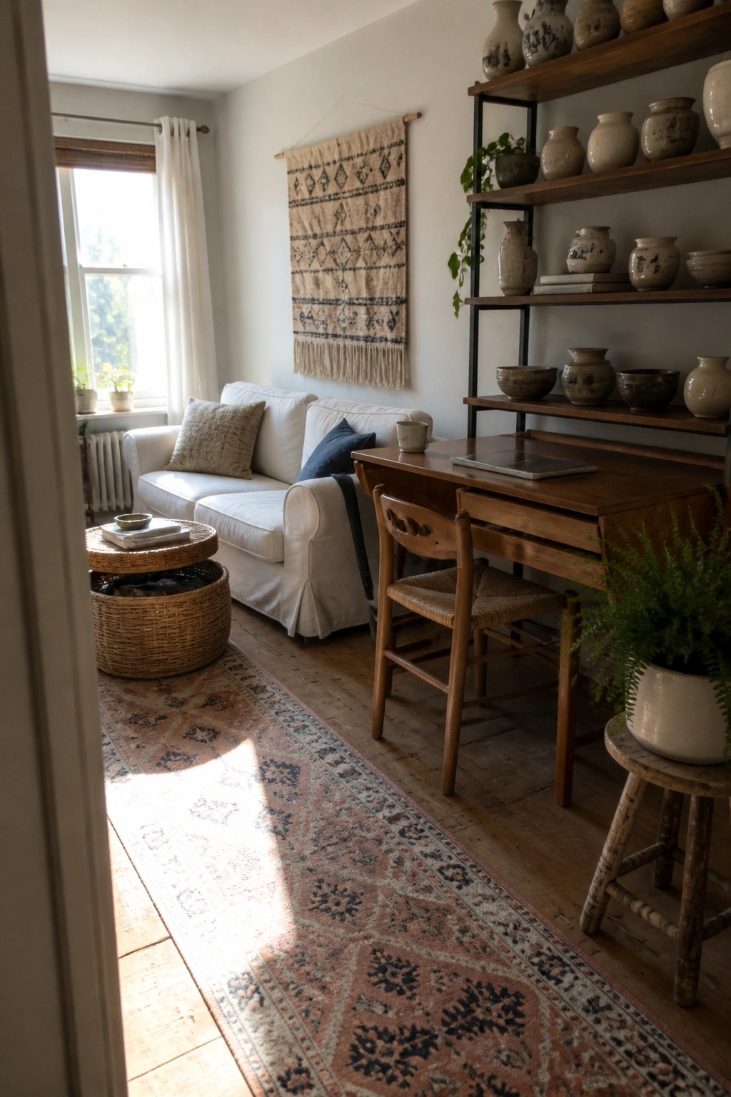 A living room view showing a white sofa, a wooden desk with chair, round woven baskets used as a side table, and open shelves holding pottery.