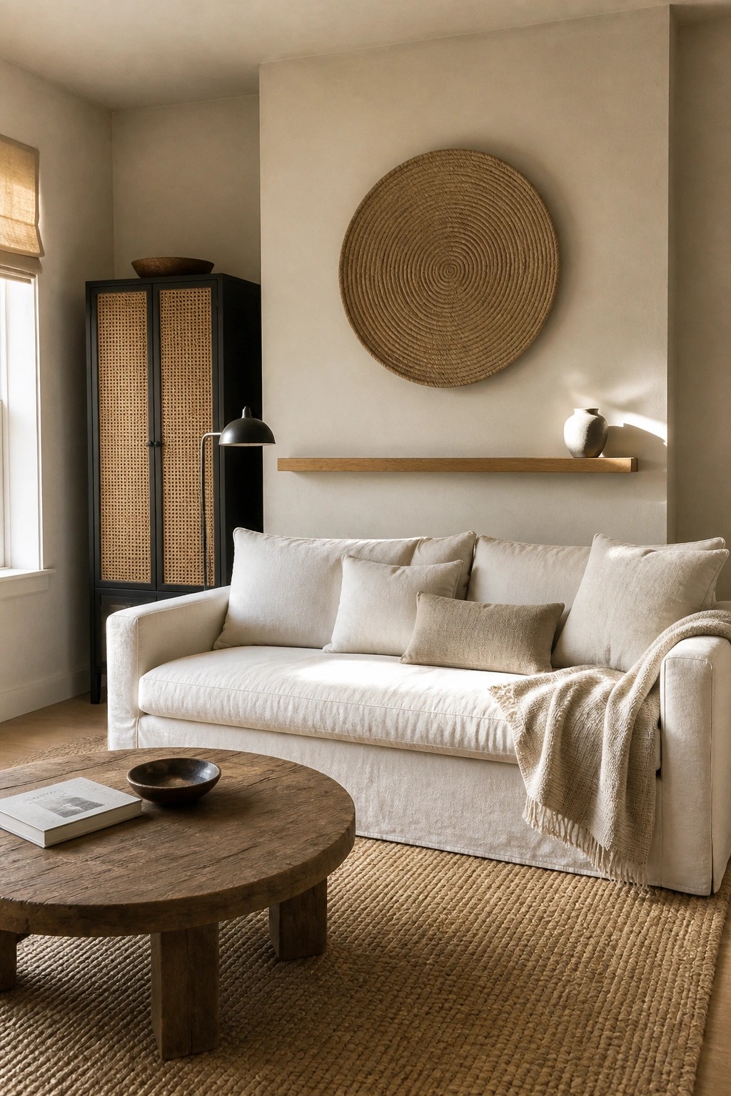 A living room with a white sofa beneath a large circular woven wall hanging, a round wooden coffee table in front, and a tall cabinet with woven doors to the left.
