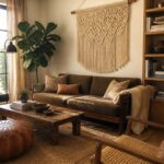 A living room featuring a green sofa with pillows, a wooden coffee table, a brown leather pouf on a woven rug, and a large macrame wall hanging centered above the sofa.