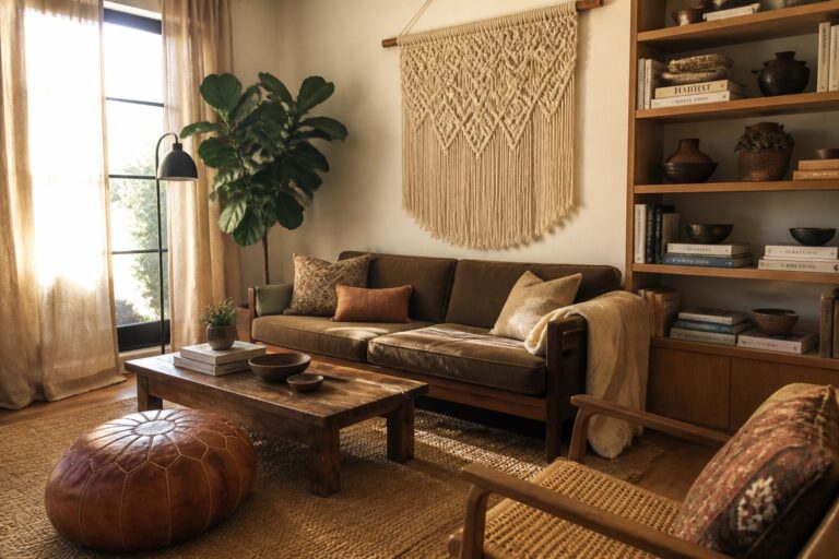 A living room featuring a green sofa with pillows, a wooden coffee table, a brown leather pouf on a woven rug, and a large macrame wall hanging centered above the sofa.