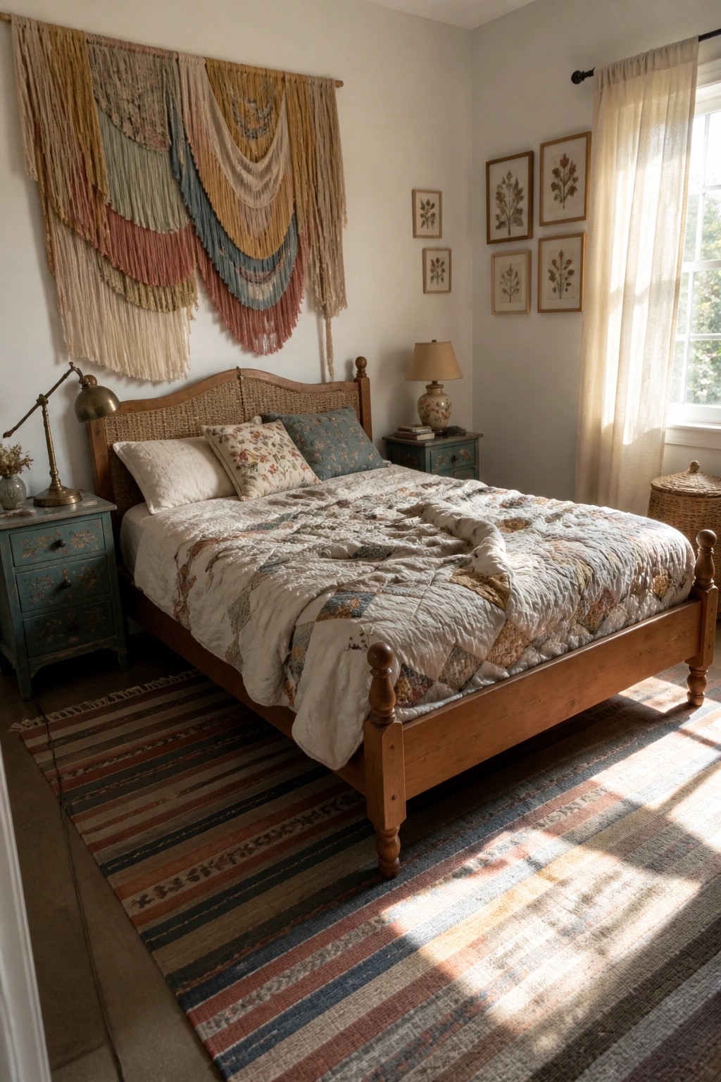 Cozy bedroom with wooden bed, patchwork quilt, macrame wall hanging, and striped rug in sunlight.