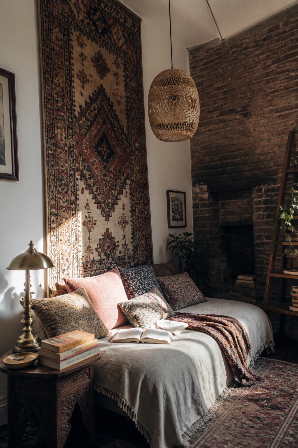 A room interior showing a large patterned textile hanging on the wall above a daybed with pillows and books, beside a brick fireplace.