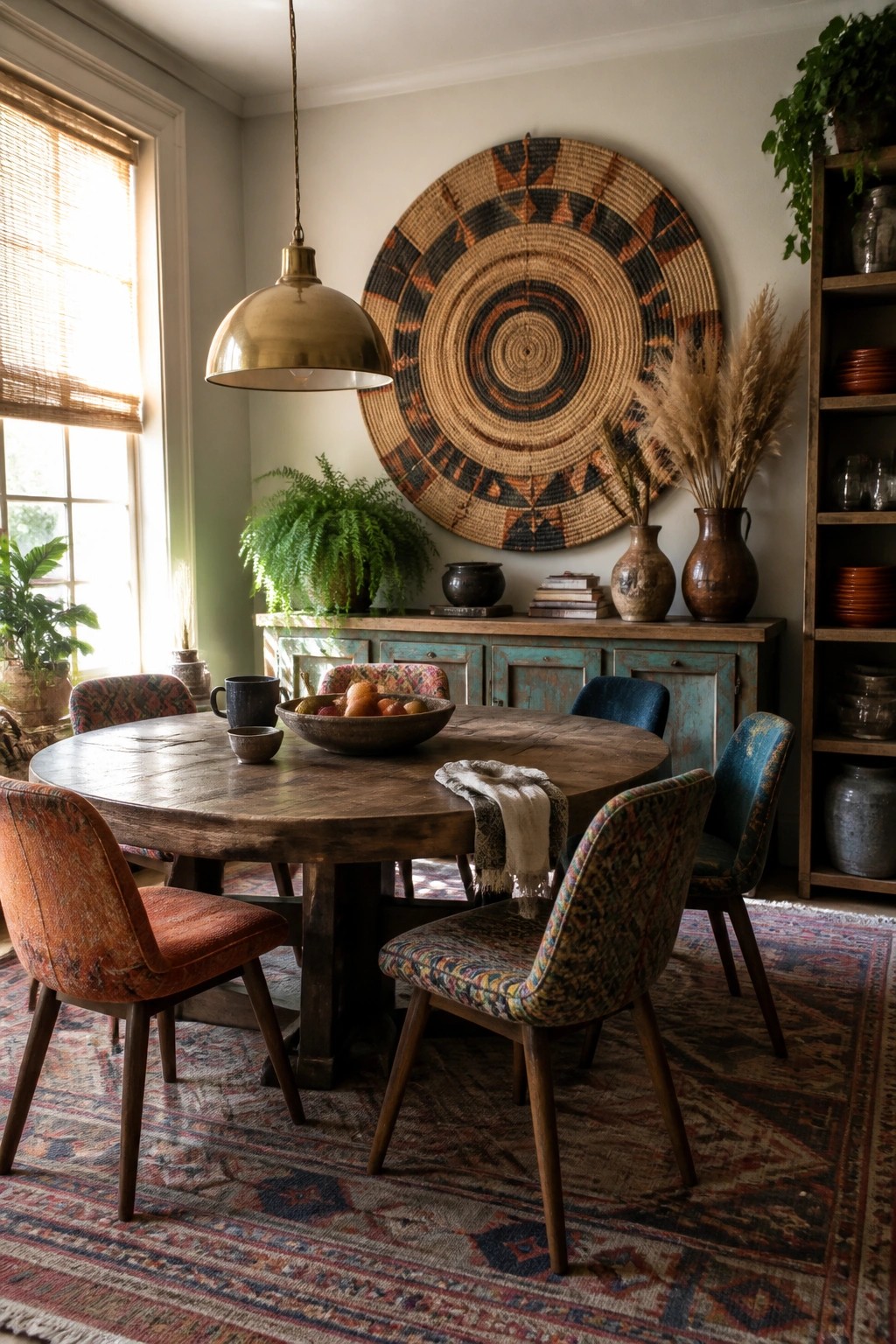 A round woven wall hanging with earth tones hangs above a distressed turquoise sideboard in a dining room with a wooden table and mixed chairs.