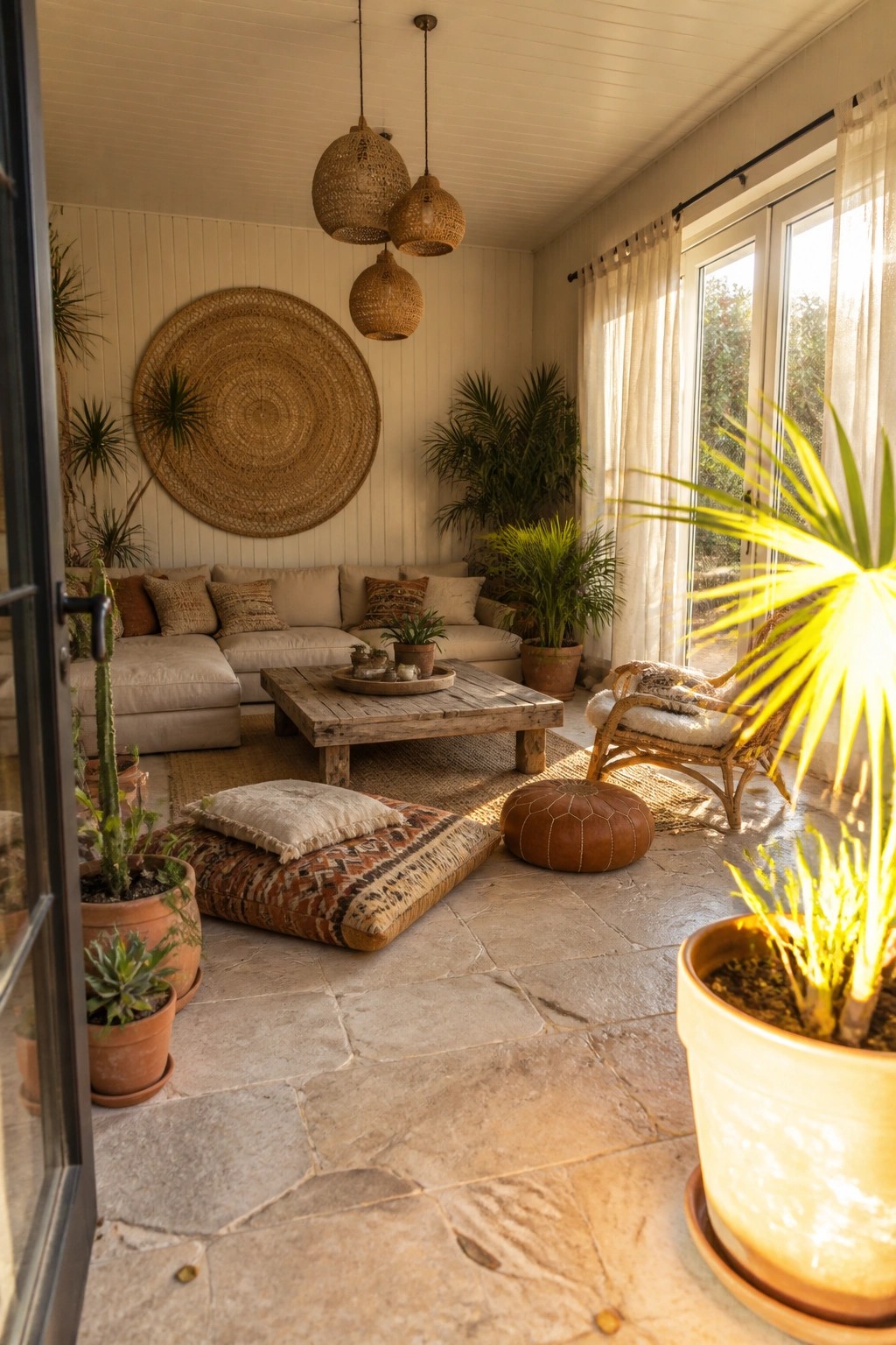 A covered stone patio with a large circular woven wall hanging above a beige sectional sofa, potted plants, a wooden coffee table, and a rattan chair near glass doors.