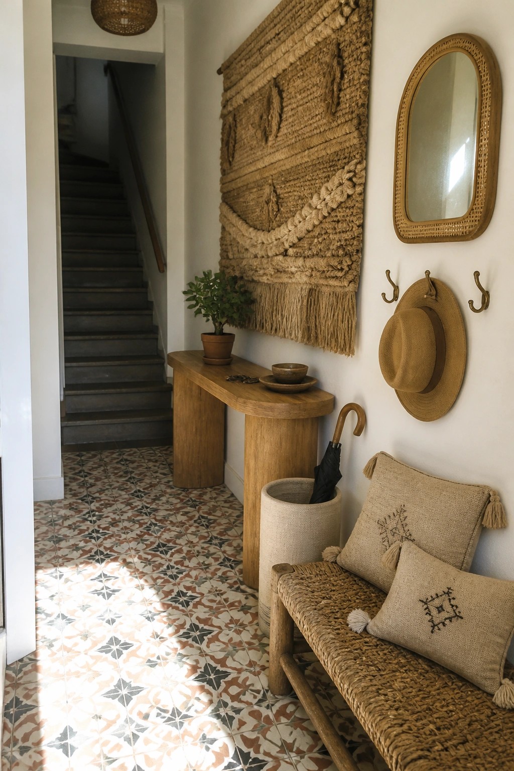 Bohemian entryway with macrame wall art, woven bench, wooden console, and patterned tiles.