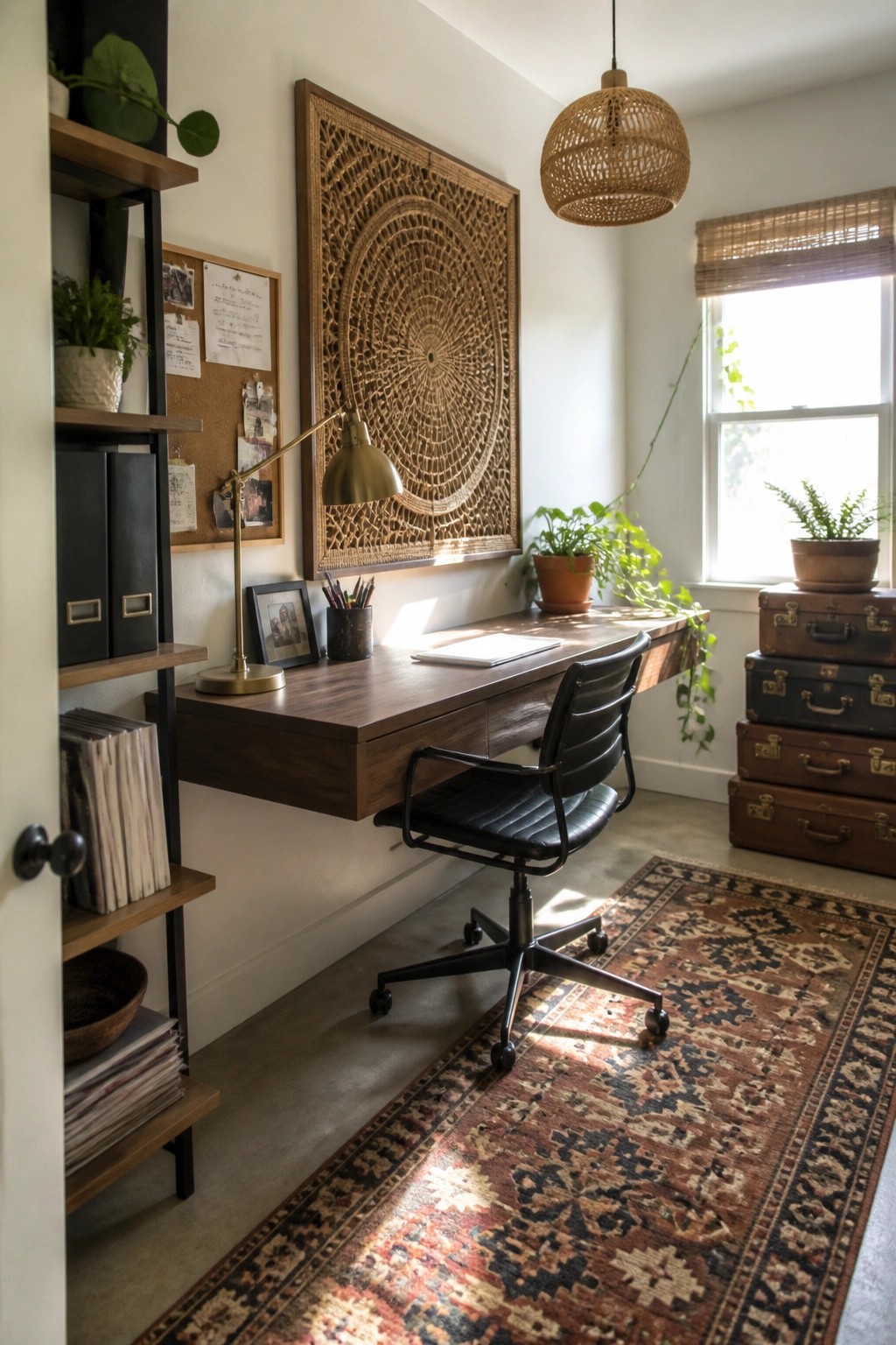 A home office featuring a large circular woven wall hanging above a wooden floating desk with a black office chair, shelves on the left, and a window on the right.