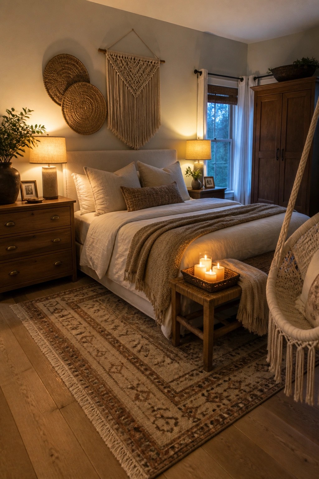Cozy bedroom with macrame wall art, wooden furniture, lit candles, and hanging chair.