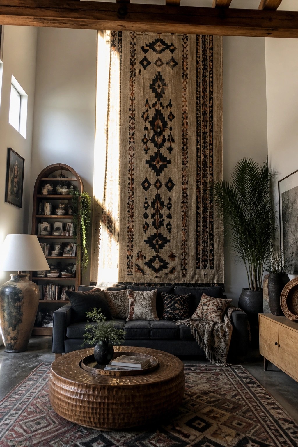 A tall woven wall hanging with black and brown geometric patterns hangs above a dark sofa in a living room with high ceilings and wooden beams.