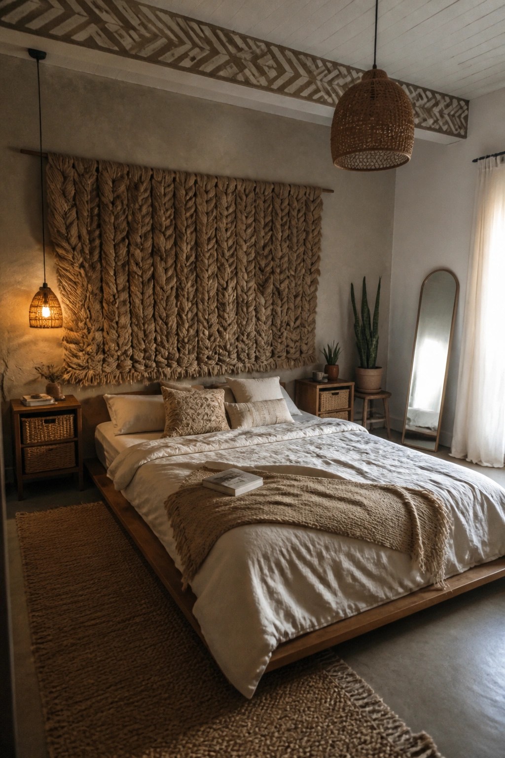 A bedroom featuring a large woven wall hanging centered above a wooden bed with white and beige bedding, flanked by woven nightstands and a hanging wicker lamp.