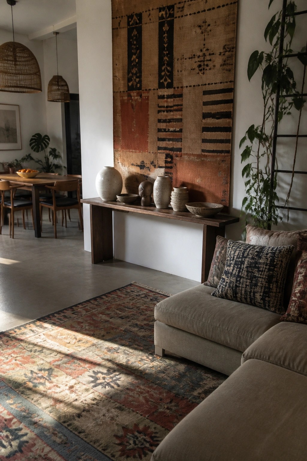 A living room interior with a large patterned woven wall hanging above a wooden console table, next to a beige sectional sofa on a colorful area rug.