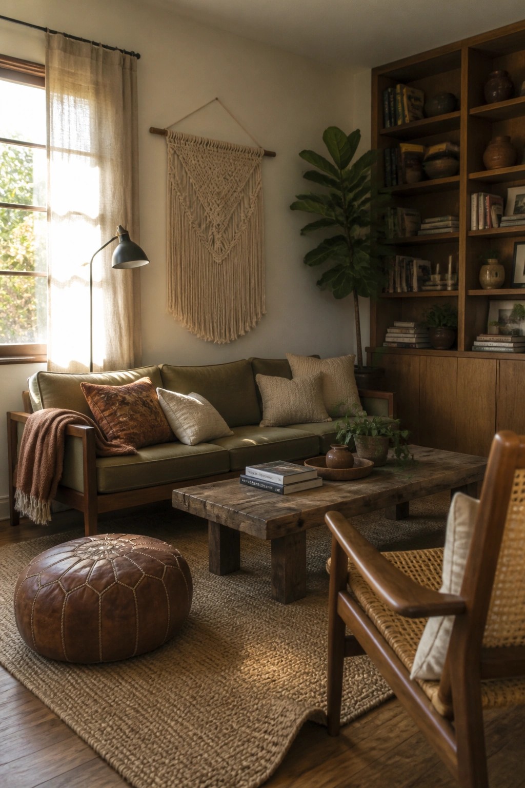 A living room featuring a green sofa with pillows, a wooden coffee table, a brown leather pouf on a woven rug, and a large macrame wall hanging centered above the sofa.