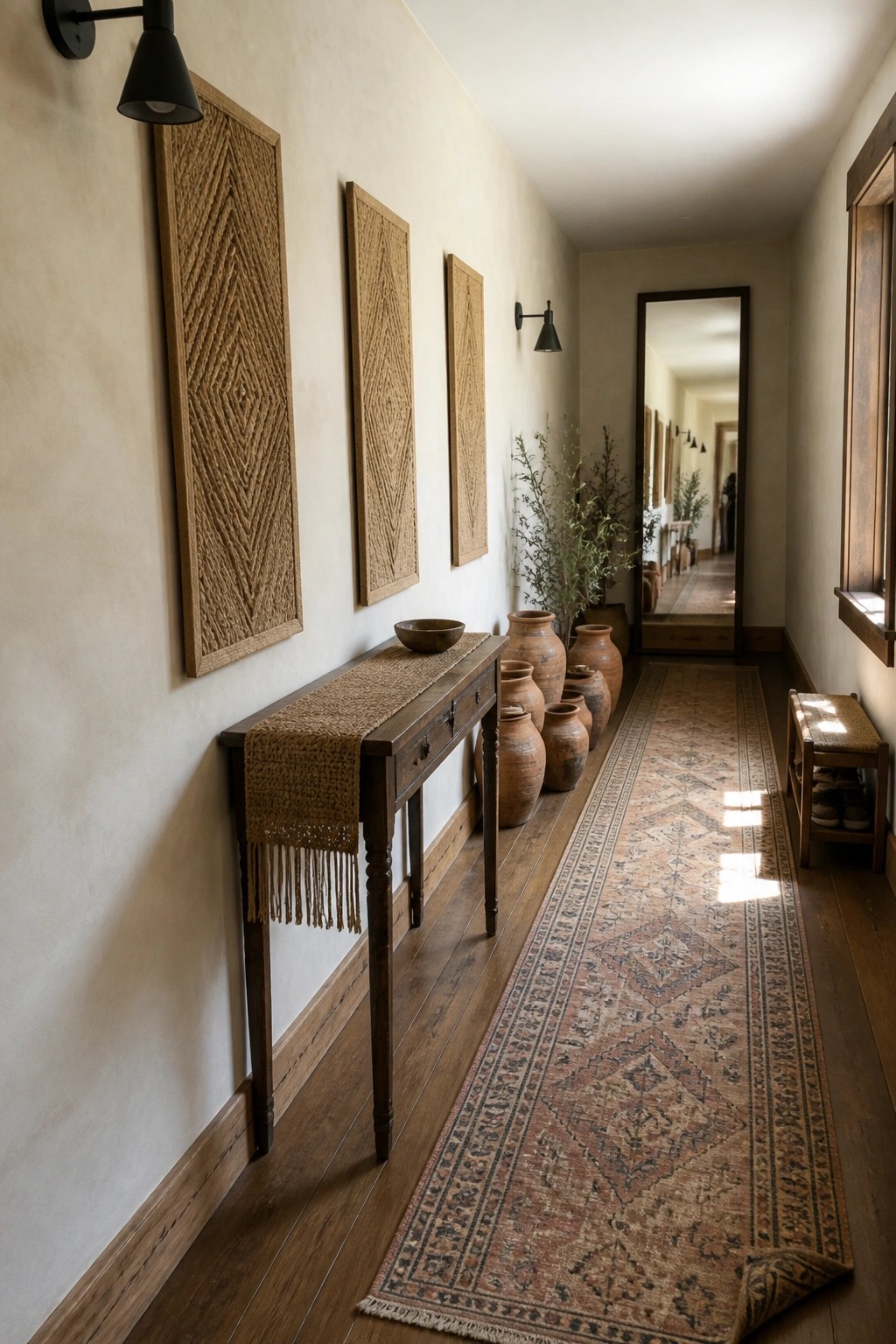 A long interior hallway with three large woven wall hangings above a wooden console table, clay pots along the floor, and a patterned runner on the wood floor.