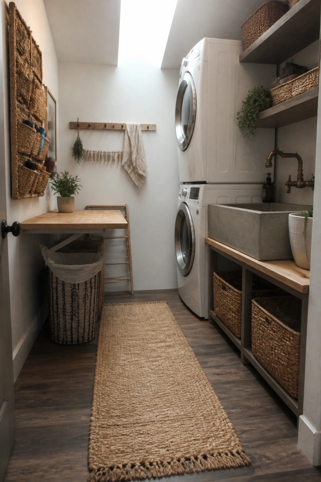Narrow laundry room with stacked washer-dryer, stone sink, woven baskets, and jute rug.