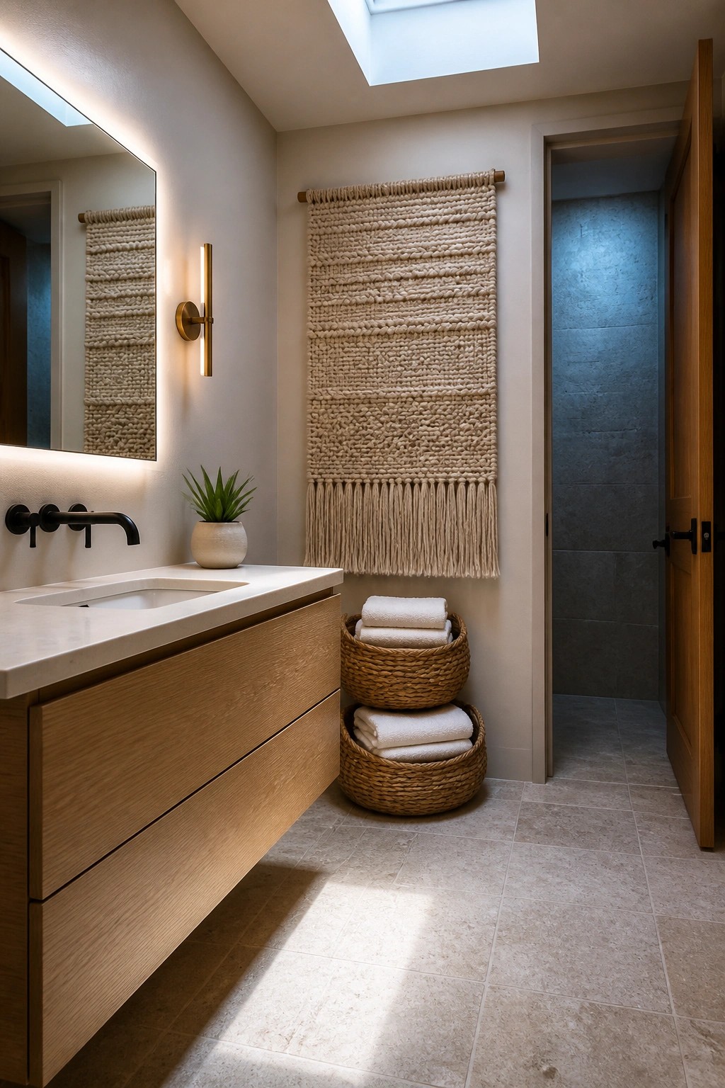 A bathroom interior featuring a large woven wall hanging above two stacked wicker baskets with folded white towels, next to a light wood vanity with a white countertop and black faucet.
