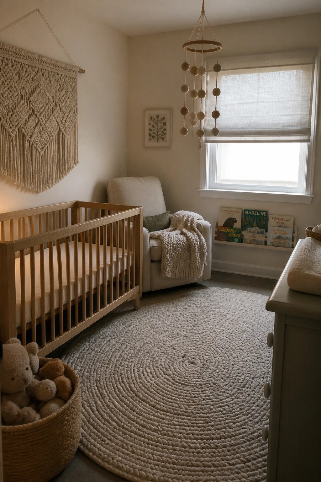 A nursery interior showing a wooden crib, large macrame wall hanging, round woven rug, and window with roller shade.