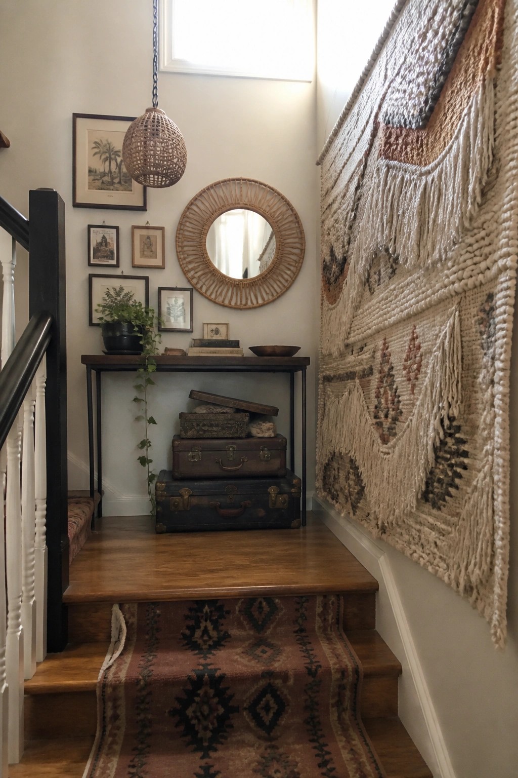 A wooden staircase with a large woven wall hanging covering much of the right wall.