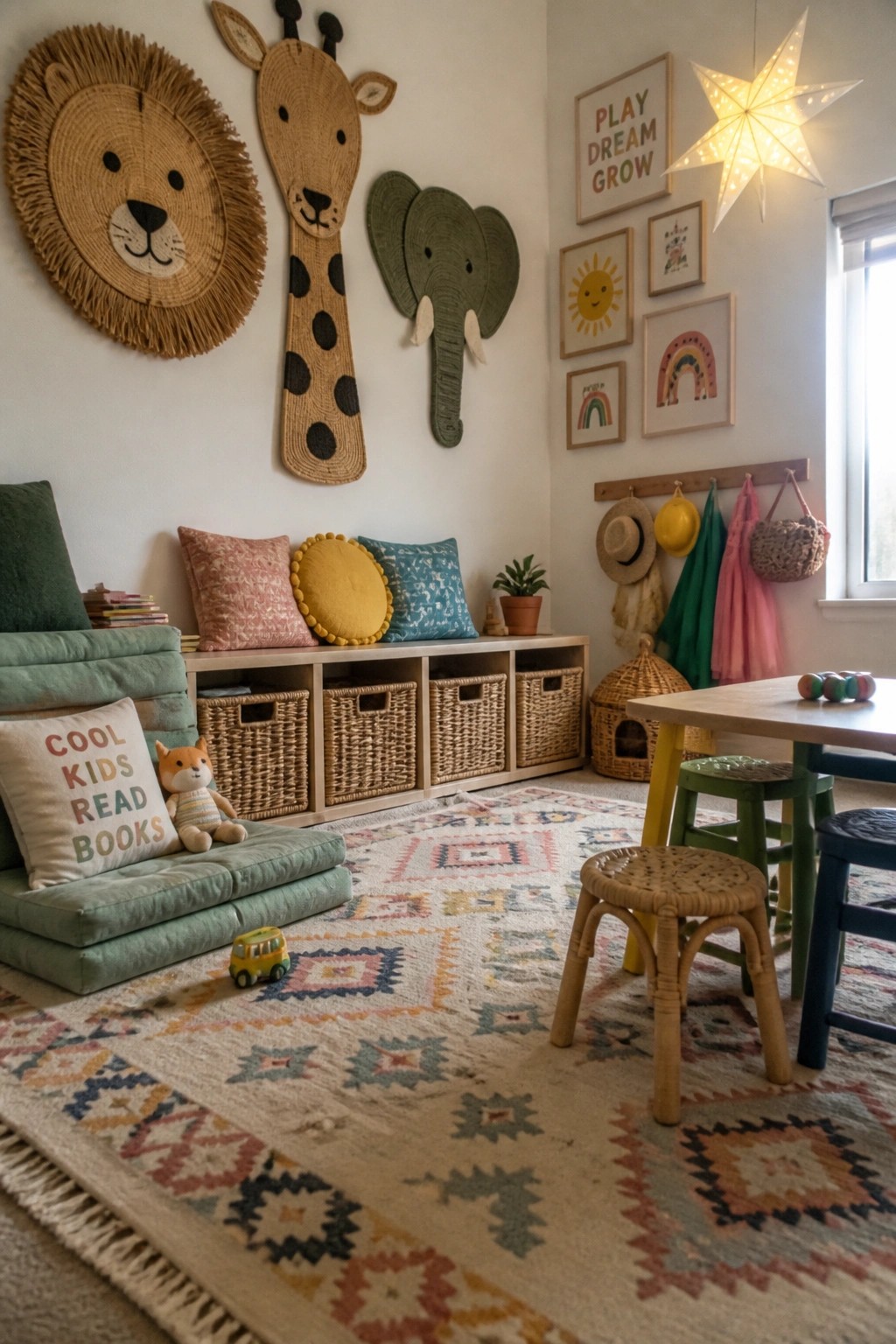 A bright children's playroom features three large woven animal wall hangings above a low storage bench with cushions and baskets, next to a patterned rug and small table with stools.