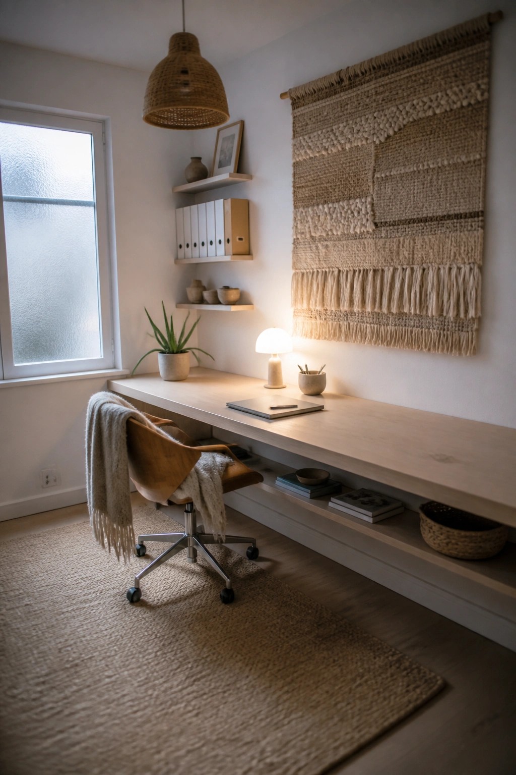 A home office featuring a long floating desk, office chair, and large woven wall hanging above the desk.