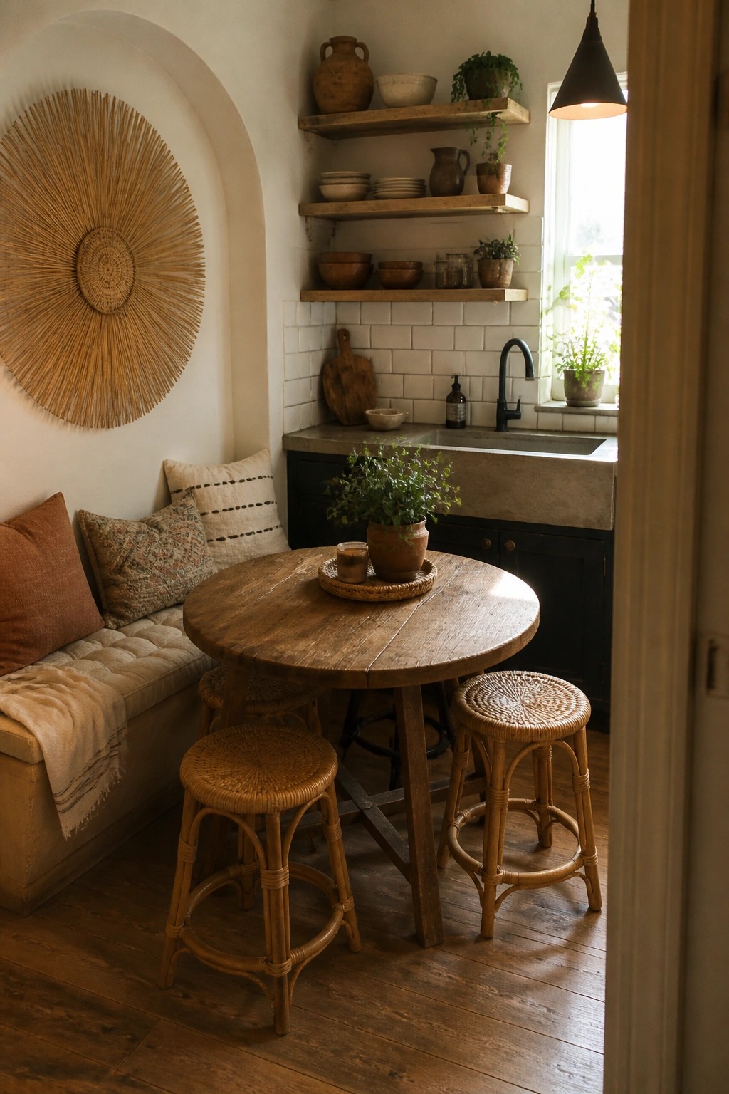 A round woven sunburst wall hanging mounted on a white wall under an arched opening in a kitchen nook with a wooden table and woven stools.