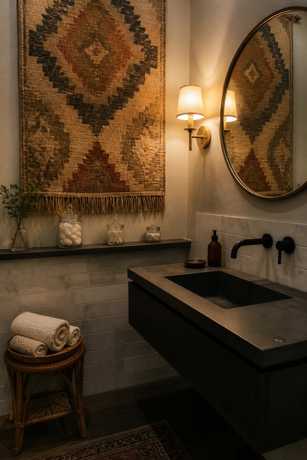 Modern bathroom with dark concrete vanity, round mirror, woven tapestry, and rolled towels