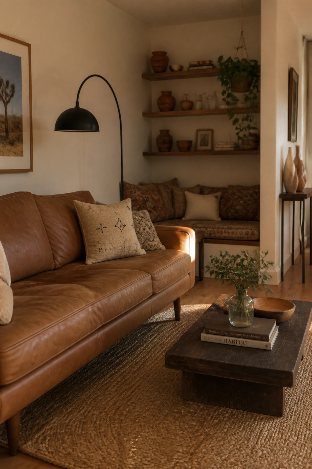 Brown leather sofa and wooden coffee table on jute rug in cozy living room.