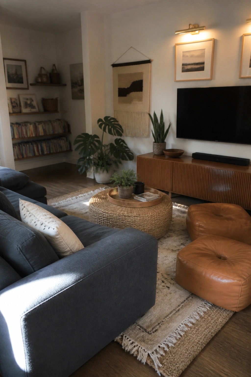 A living room featuring a low gray sofa, round woven ottoman, brown leather poufs, media console, and boho wall hangings with houseplants.
