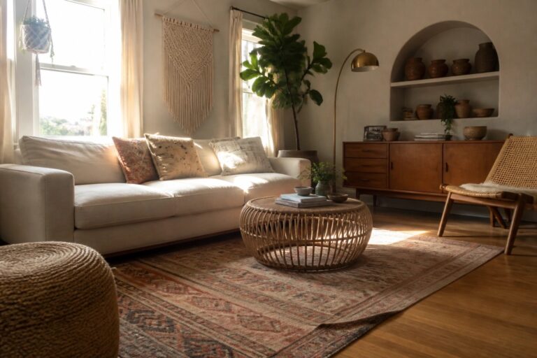 A living room with a low-profile white sofa, round rattan coffee table on a patterned rug, woven pouf, and wooden accent chair near a large window.