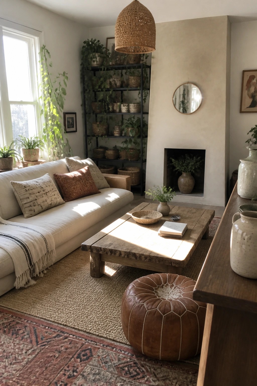 A living room with a low-profile white sofa, rustic wooden coffee table, brown leather pouf, woven rug, and built-in fireplace with plant-filled shelves.