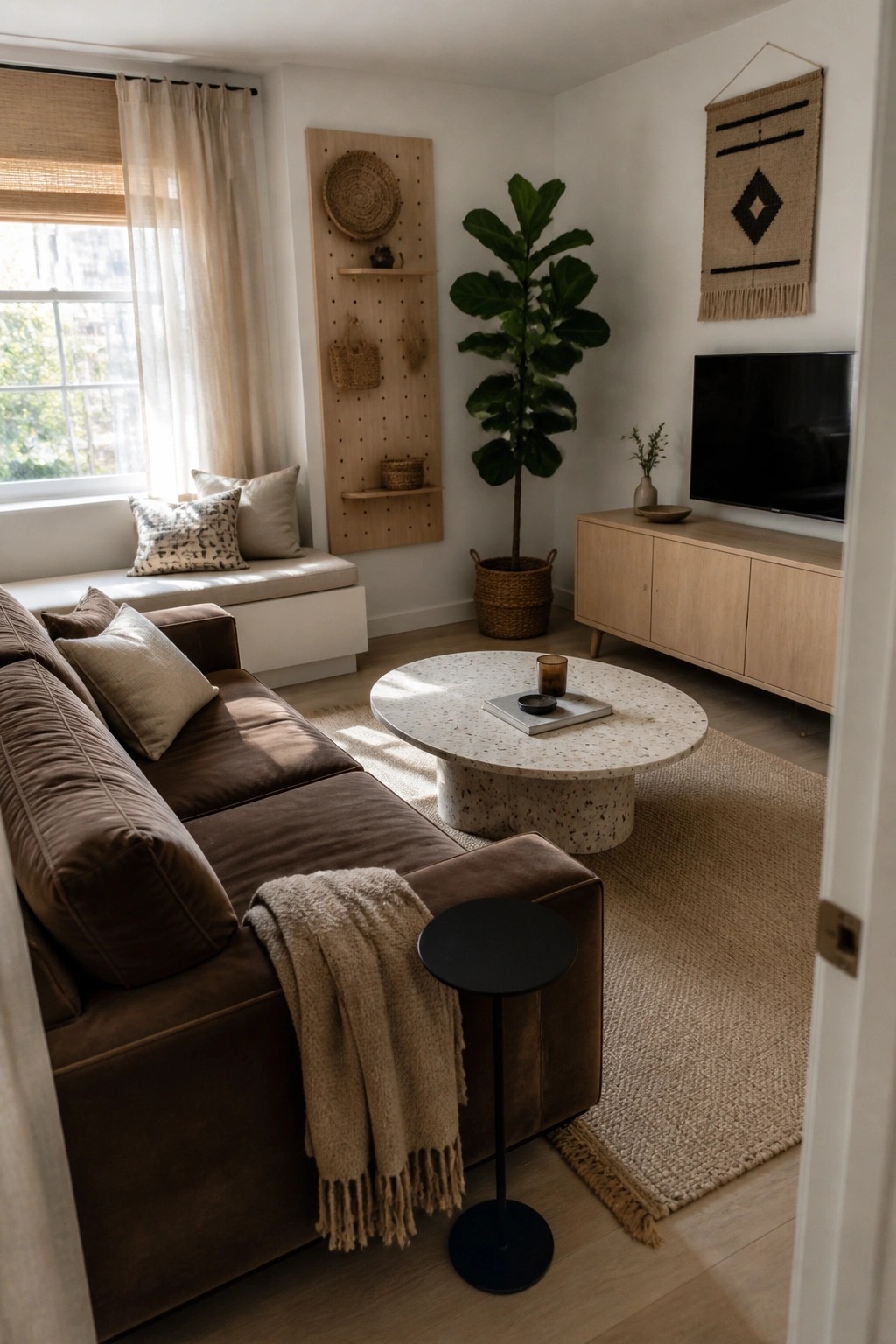 A living room with a brown low-profile sofa facing a round light-colored coffee table, a large potted plant, a wooden pegboard wall, and a light wood media console with a TV.