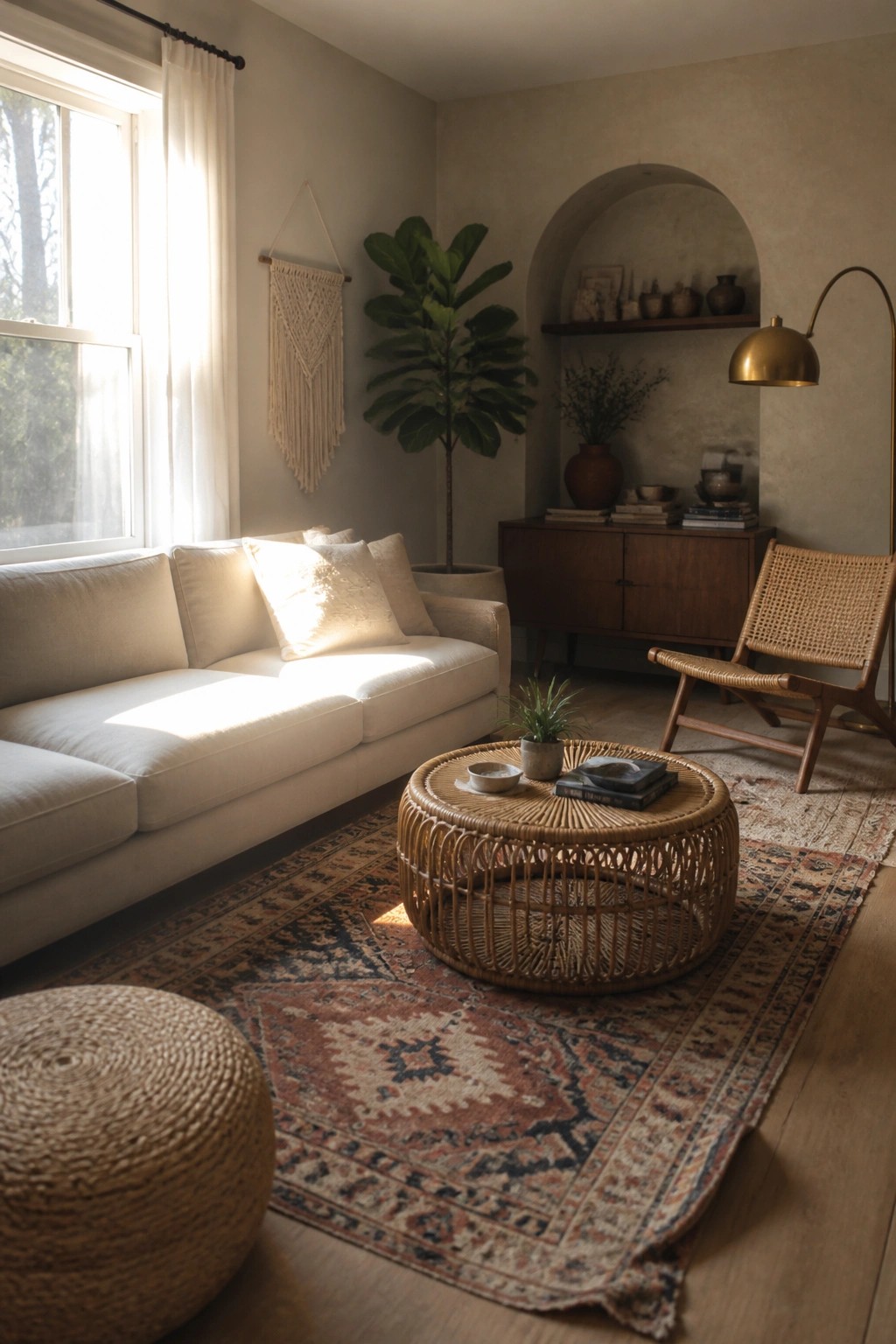 A living room with a low-profile white sofa, round rattan coffee table on a patterned rug, woven pouf, and wooden accent chair near a large window.