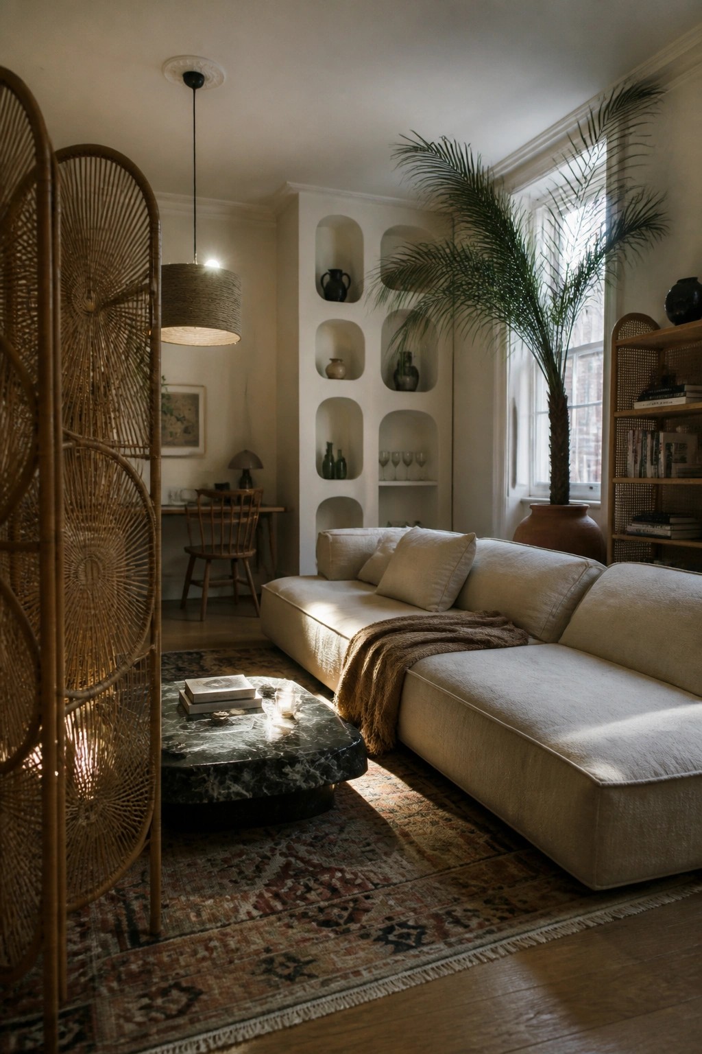 A living room with a low-profile beige sectional sofa on a patterned rug, next to a dark marble coffee table and a woven rattan screen.
