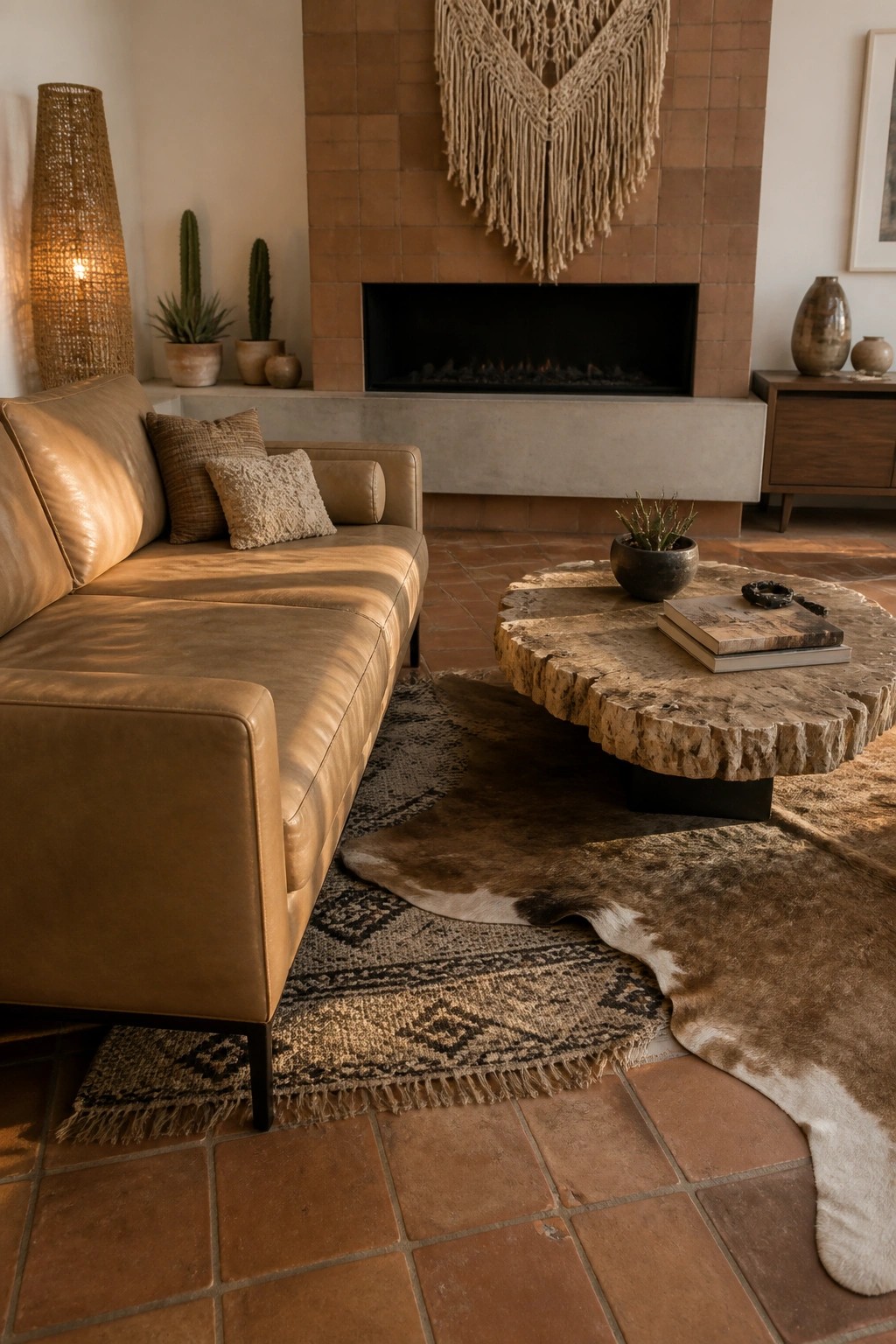 Tan leather sofa beside tree-slab table, fireplace with macrame, terracotta tiles and rugs