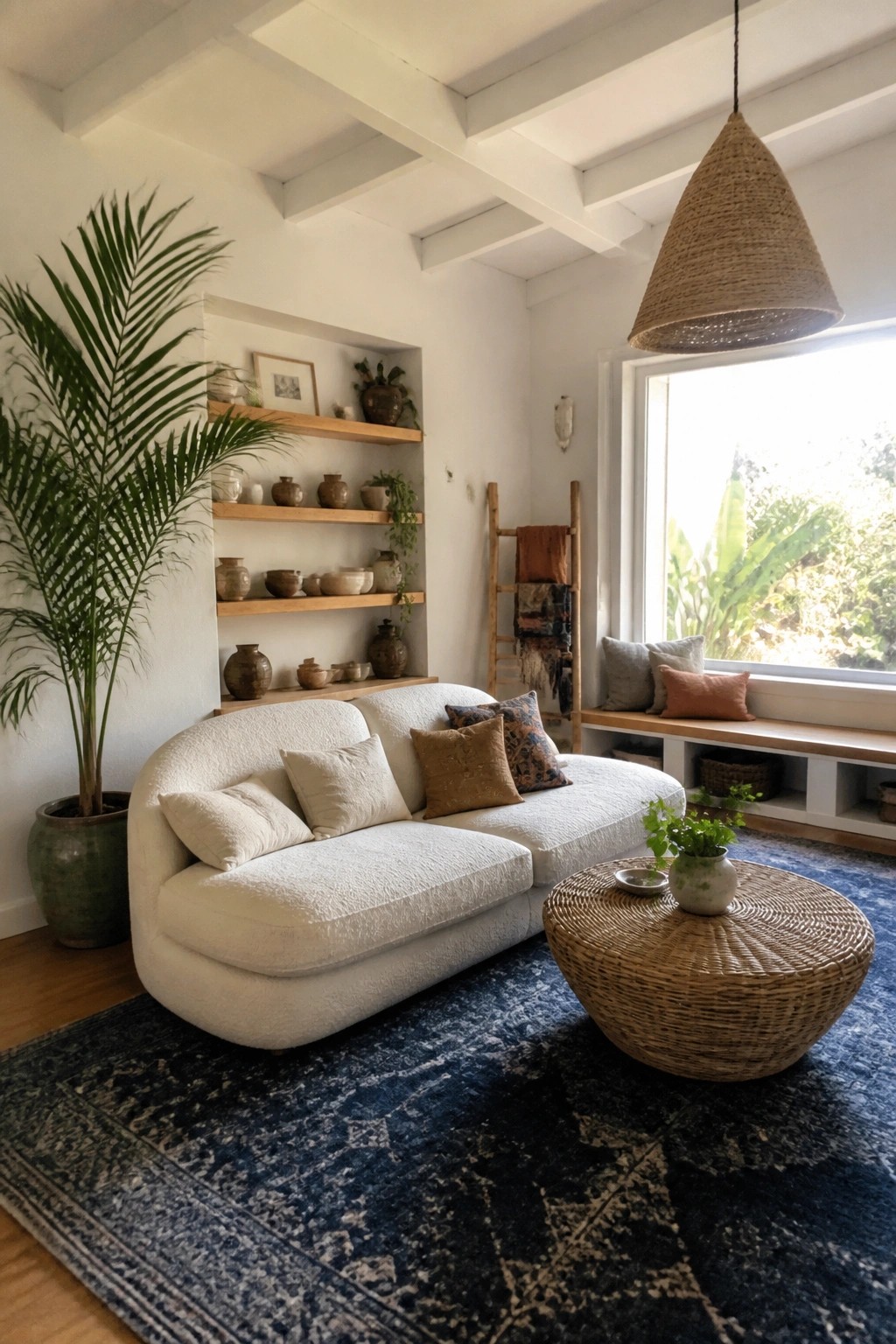 A living room with a low-profile white curved sofa on a large blue patterned rug, a round woven coffee table, built-in wooden shelves holding pottery, and a tall potted palm plant.