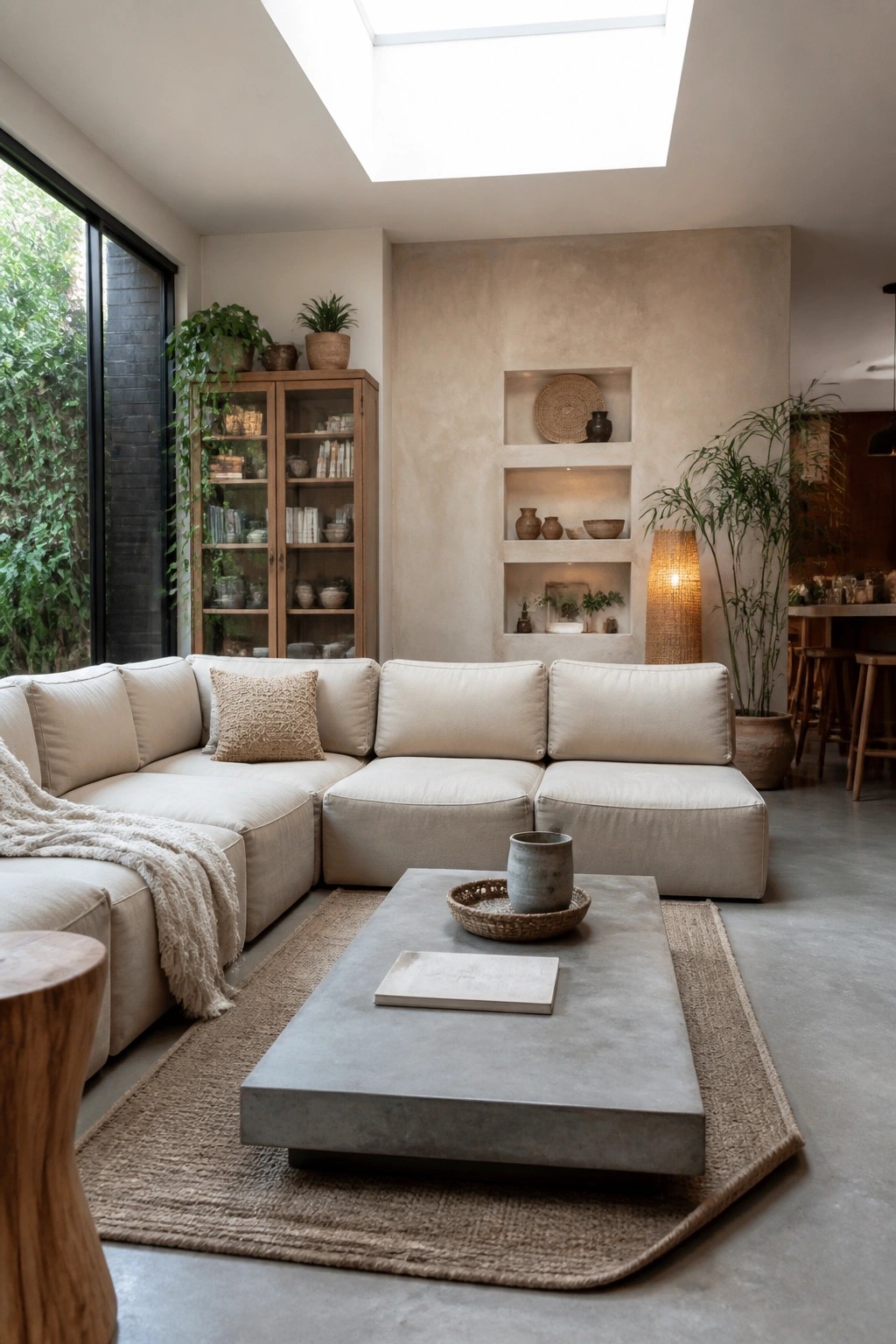 A modern living room with a large low-profile beige sectional sofa, a concrete coffee table on a woven rug, built-in wall niches, and a skylight overhead.